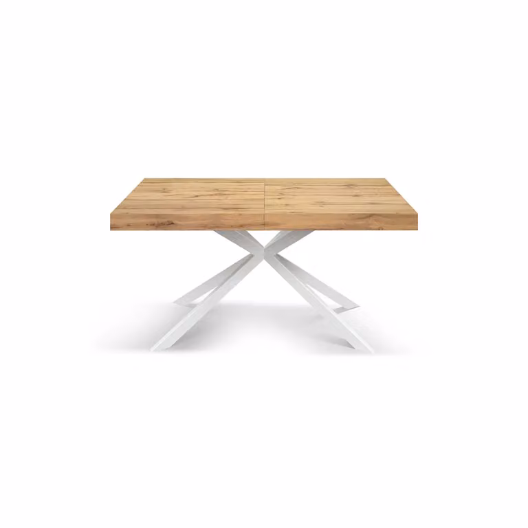 Tavolo CAMAIORE in legno, finitura rovere rustico e base a X in metallo bianco, allungabile 180×90 cm - 260×90 cm