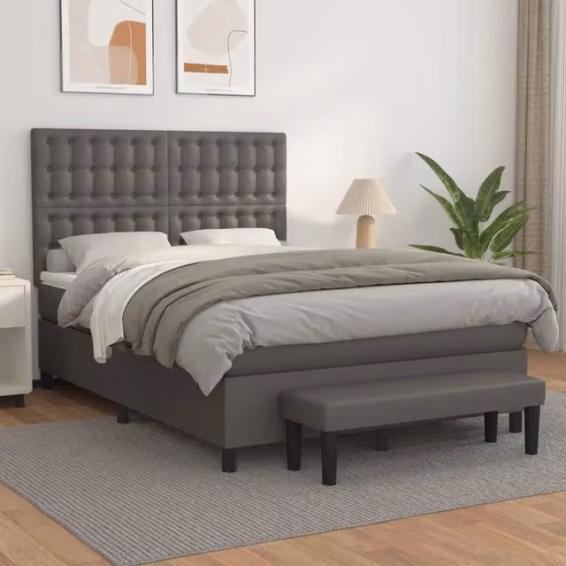 Letto a molle con materasso vidaXL in similpelle grigia e bianca L/P/H: 190 x 140 x 128 cm
