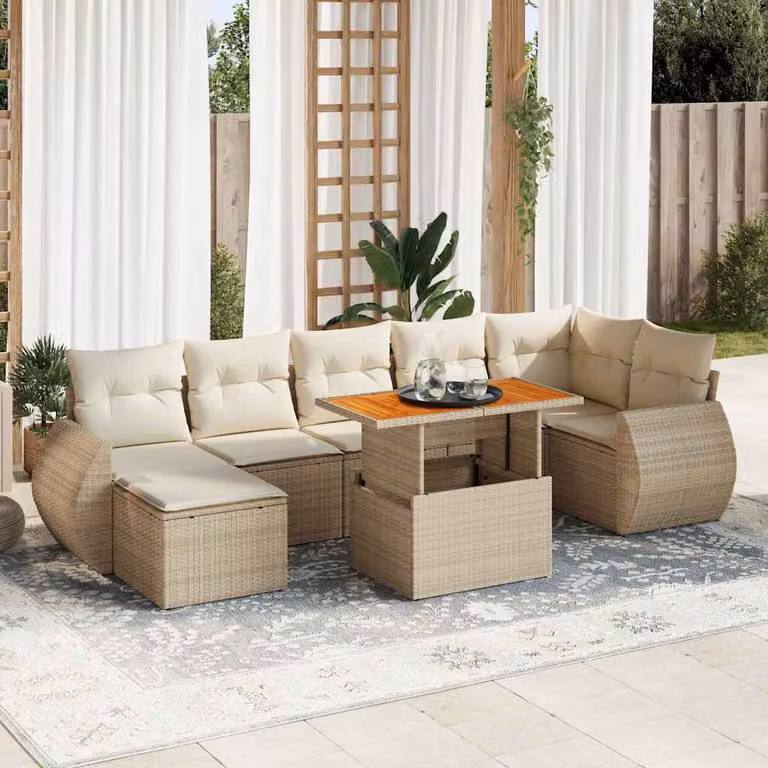 Set Divano da Giardino vidaXL 8 pz in Polyrattan e Legno di Acacia con Cuscini Beige e Bianchi