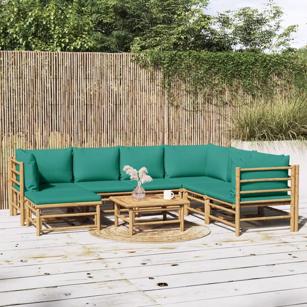 vidaXL Set Salotto da Giardino Moderno in Bambù con Cuscini Verdi e Marroni, 8 Pezzi a Forma di L con Tavolino e Pouf
