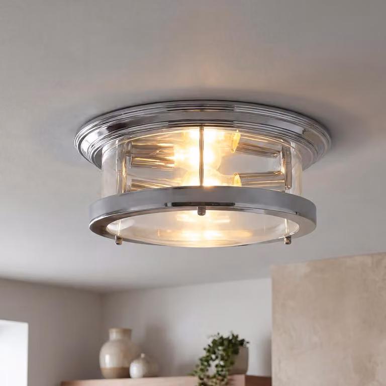Plafoniera vetro metallo E27 IP44 rotonda D: 40 cm cromo 2 luci classiche