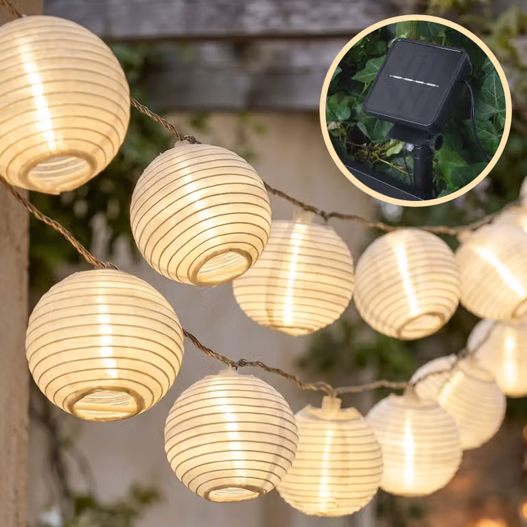 Catena luminosa a LED con lanterne, 7 metri, 20 lampadine, alimentazione solare, timer
