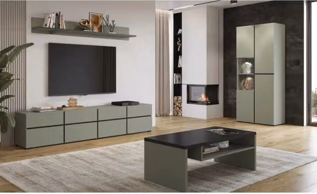 Set di 4 mobili collezione HAVANA colore verde salvia. Mobile TV XL, vetrina, tavolino, scaffale