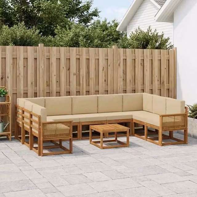 Set di divani da esterno a L con tavolino vidaXL in legno di acacia, colore beige e marrone, composto da 10 pezzi con cuscini inclusi – 1