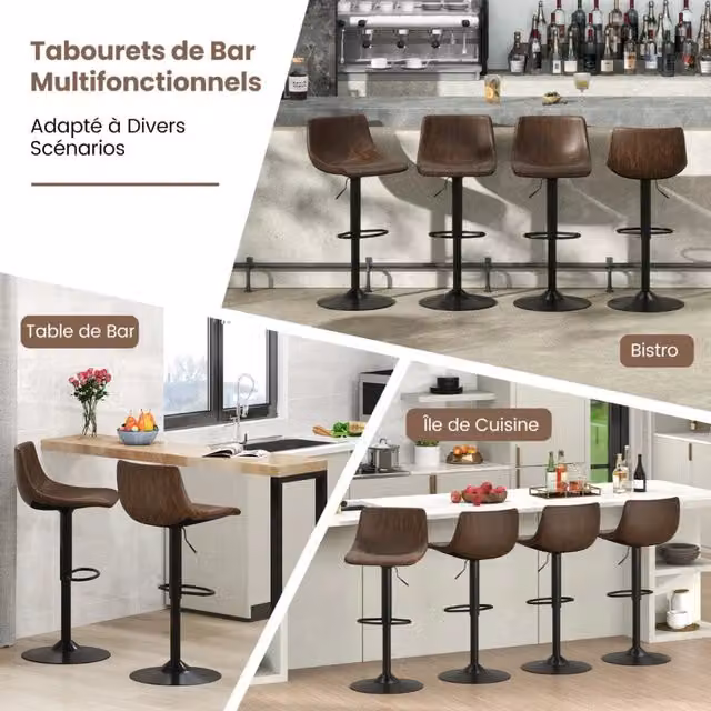 Sgabelli da Bar Regolabili Set da 2 con Schienale Imbottito Girevoli a 360 Gradi Sedie Alte da Cucina Metallo e Velluto Marrone Rustico
