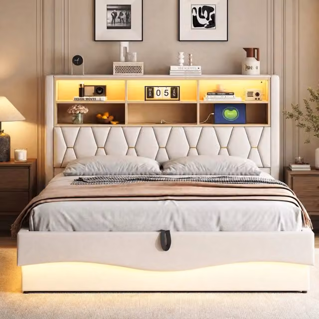 Letto matrimoniale 180x200 cm con contenitore idraulico; LED e USB in lino beige