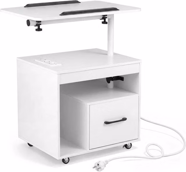 Comodino moderno bianco con luci LED integrate, piano girevole e ribaltabile, cassetto e stazione di ricarica, L/P/H: 40 x 60 x 74 cm – 1