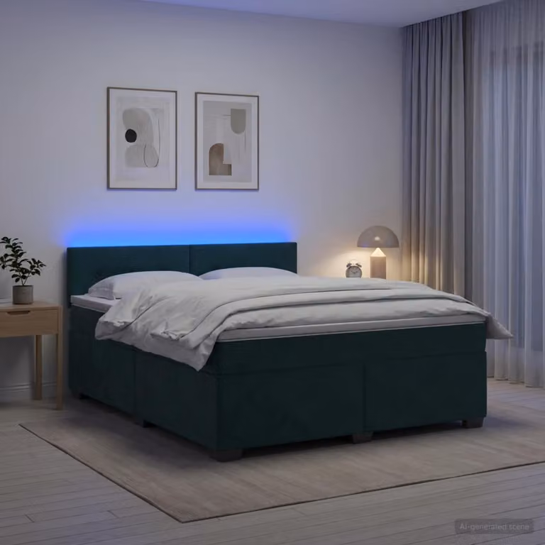 Letto a molle con materasso e illuminazione LED, colore verde scuro, 160 x 200 cm, rivestito in velluto