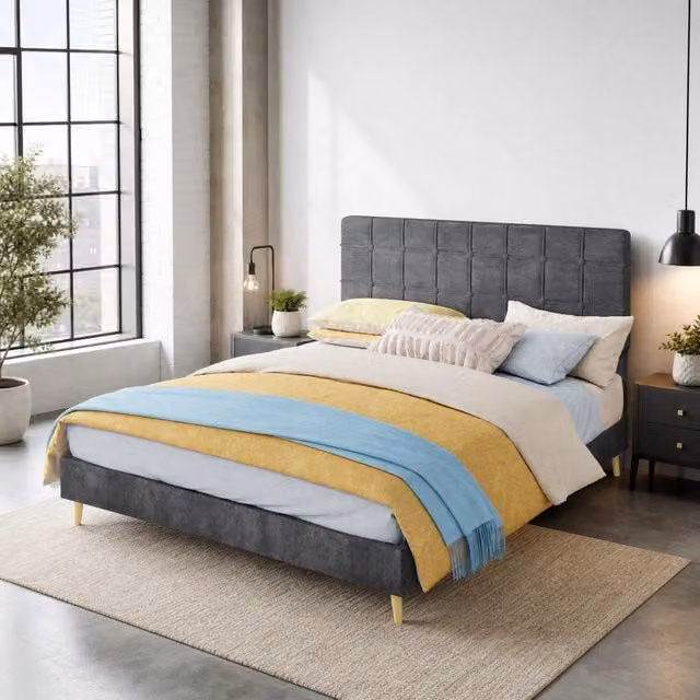 Letto matrimoniale 160x200 cm con testiera trapuntata a quadri in velluto grigio