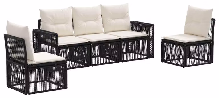 Set da giardino composto da 5 pezzi, in rattan sintetico nero e crema