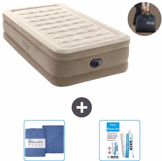 Materasso gonfiabile singolo - 1 persona - 99 x 191 x 46 cm - Beige - Completo di pompa - Biancheria da letto e kit di riparazione