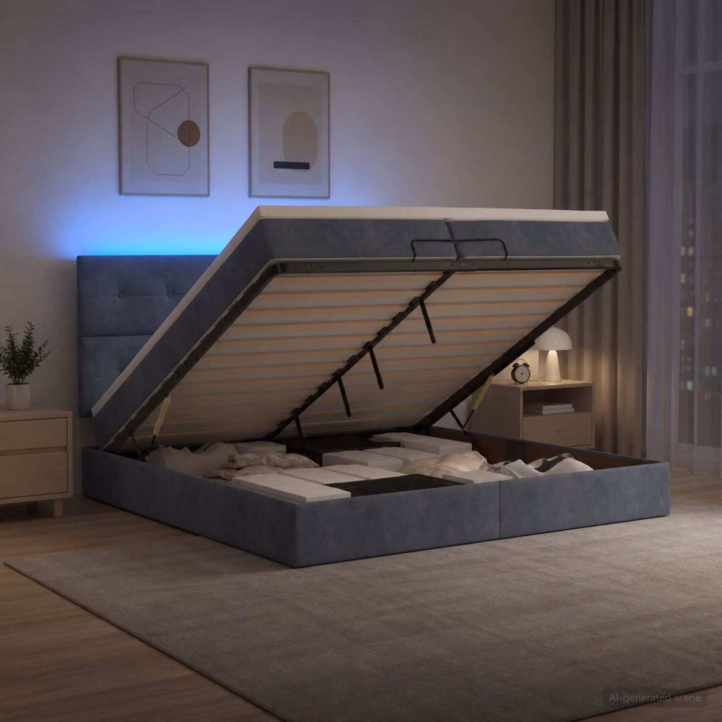 Letto Ottomano con Materasso e Illuminazione LED vidaXL, Grigio Scuro, L/P/H: 200 x 200 x 88 cm