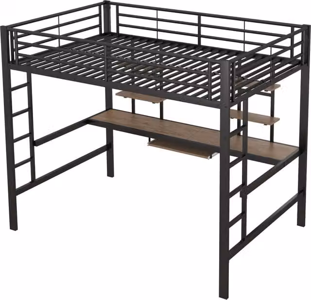 Letto a soppalco in metallo con scrivania e due scaffali, struttura robusta 140x200 cm colore nero
