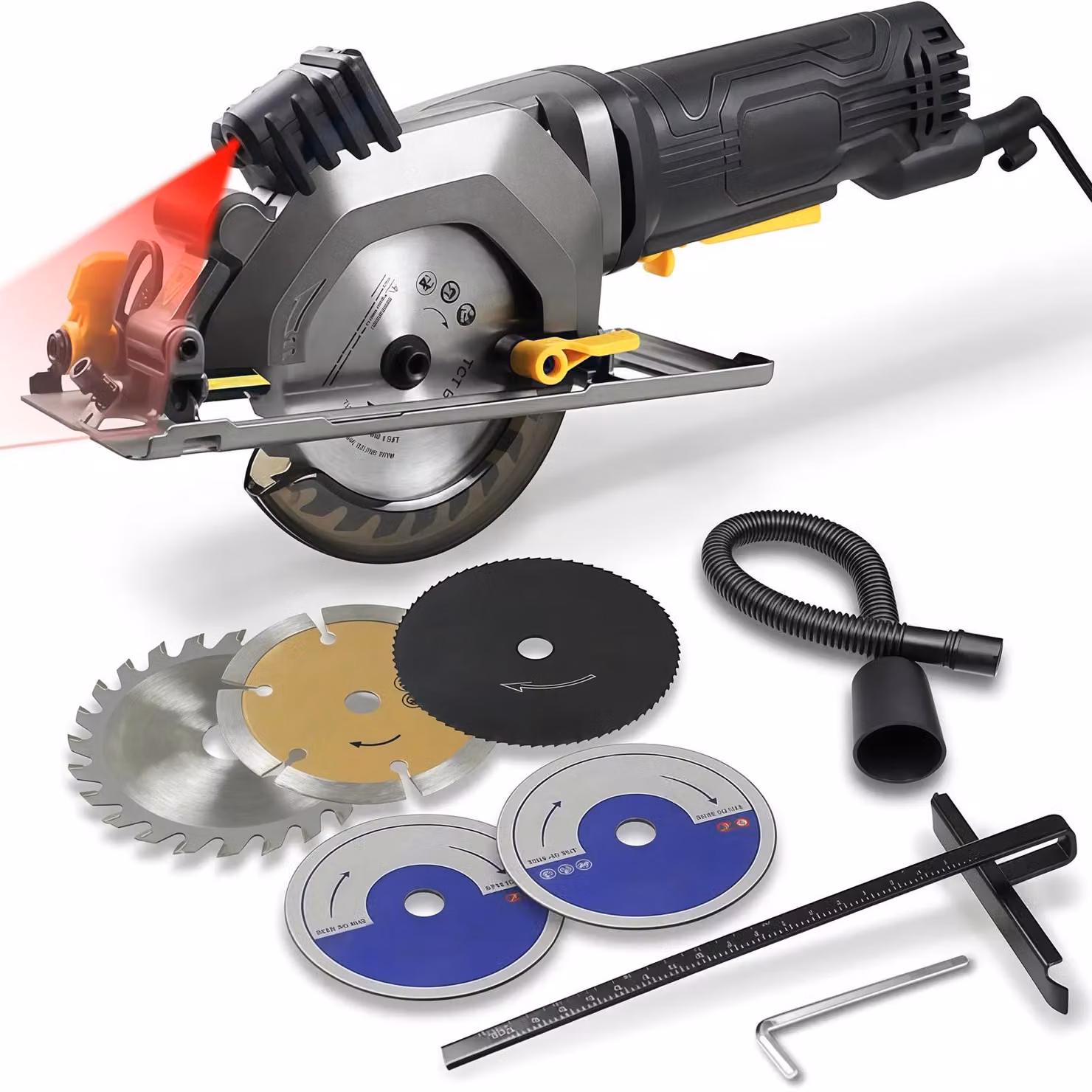 Troncatrice circolare portatile elettrica - Motore brushless - Laser - Regolazione dell'angolo - Lama da 115 mm - Profondità di taglio da 28 a 45 mm - Batteria inclusa