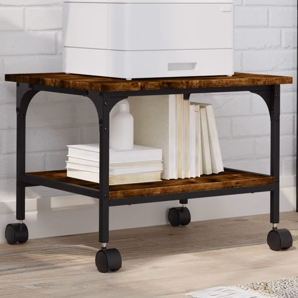 Supporto Stampante vidaXL a 2 Livelli in Legno e Metallo, Rovere Fumo, L: 50 cm, P: 40 cm, H: 38 cm