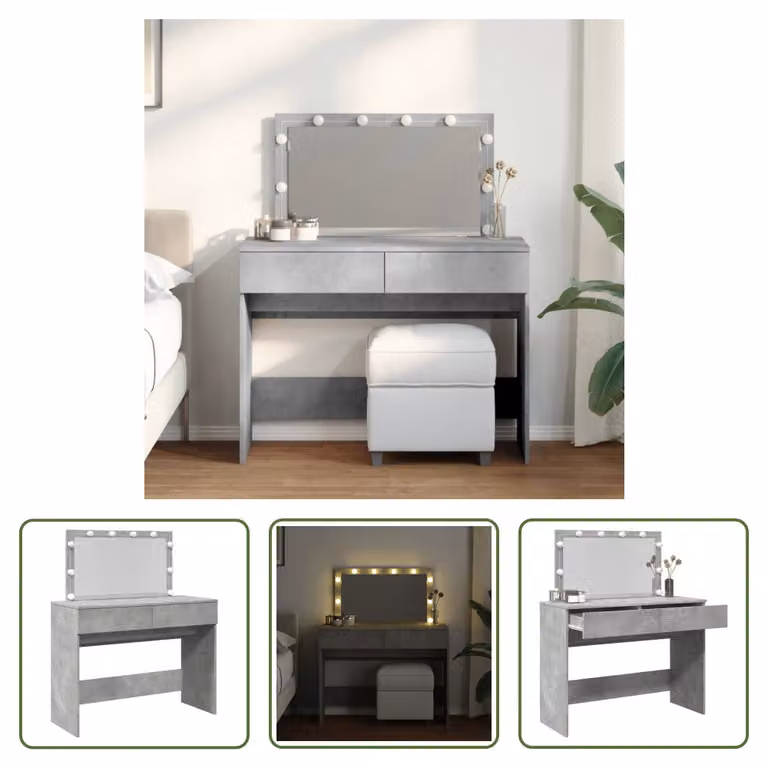 The Living Store Comodino con illuminazione LED grigio cemento 100x40x120 cm