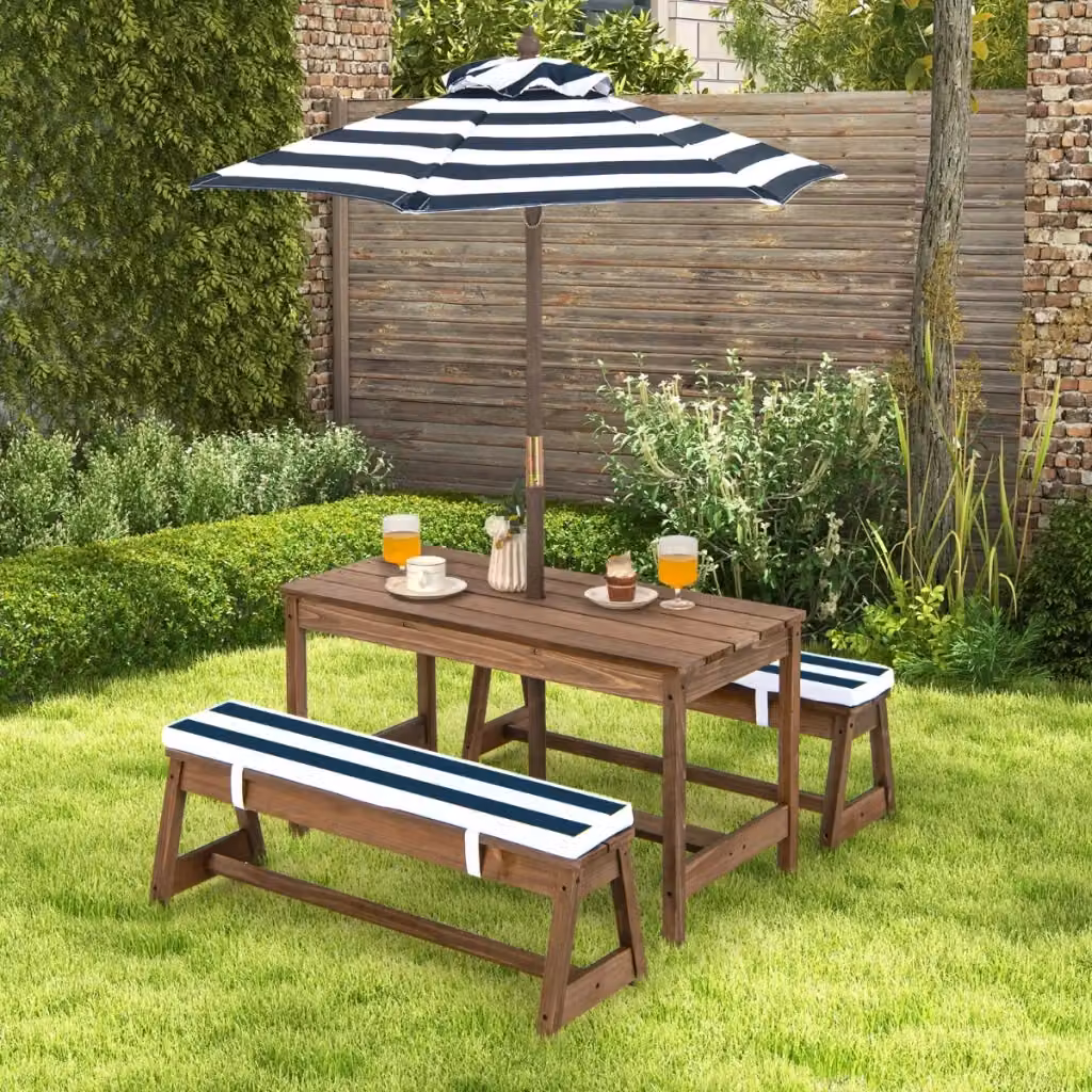 Set da picnic per bambini Design Mania in legno di abete con ombrello e cuscini, Blu e Marrone – 2