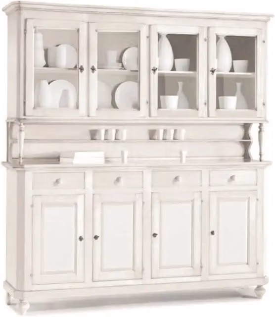 Cristalliera Shopinnovativo in stile arte povera con 8 ante e 4 cassetti, realizzata in legno massello, MDF e vetro, finitura bianca, L: 196 cm, P: 43 cm, H: 218 cm