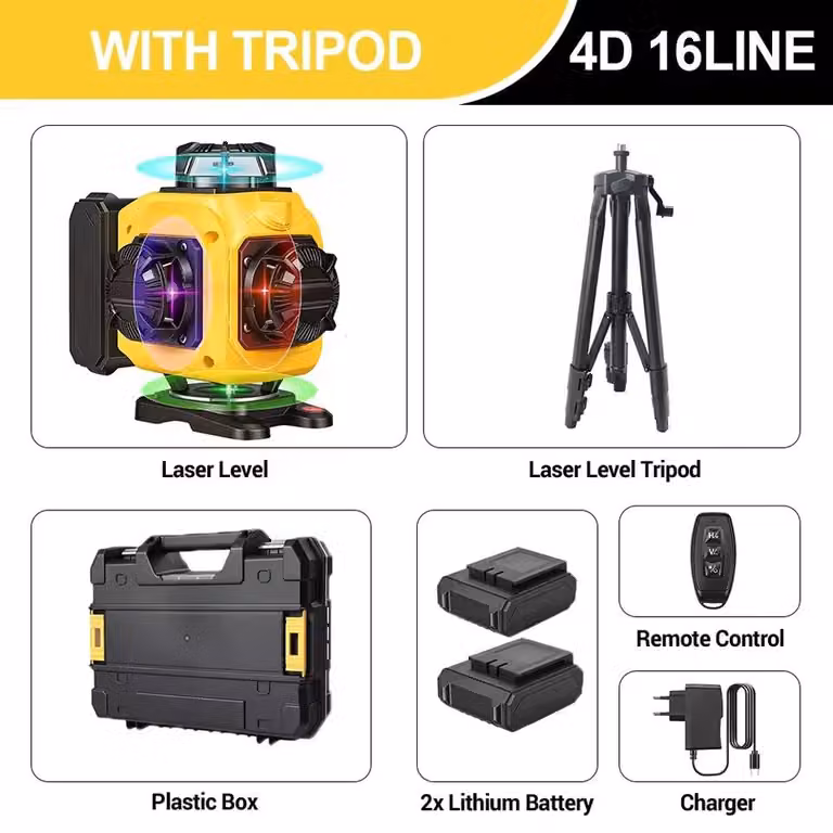 Livella laser - Laser 4D - 16 linee - 360° orizzontale e verticale - Autolivellante - Elettronica - Batteria inclusa - Versione base