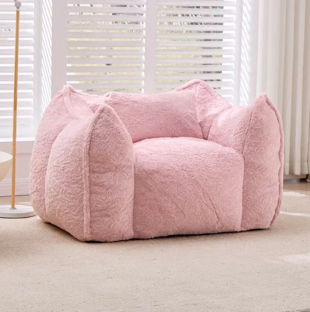 Poltrona sacco 123x97x73 cm rosa con cuscino, tessuto peluche e imbottitura in schiuma,