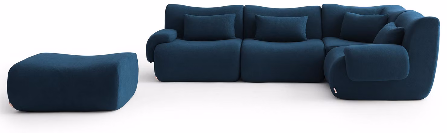 MILYSOFA SOFATIME: divano ad angolo modulare a 4 posti con chaise longue, raffinato tessuto a ricami, blu intenso