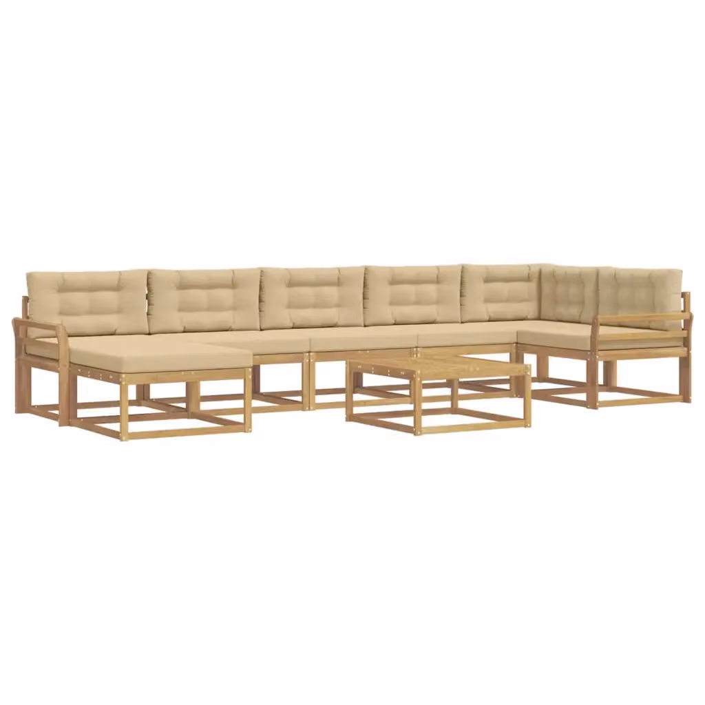Set di divani da esterno a L vidaXL in legno di acacia con cuscini e pouf, Bianco e Beige – 2