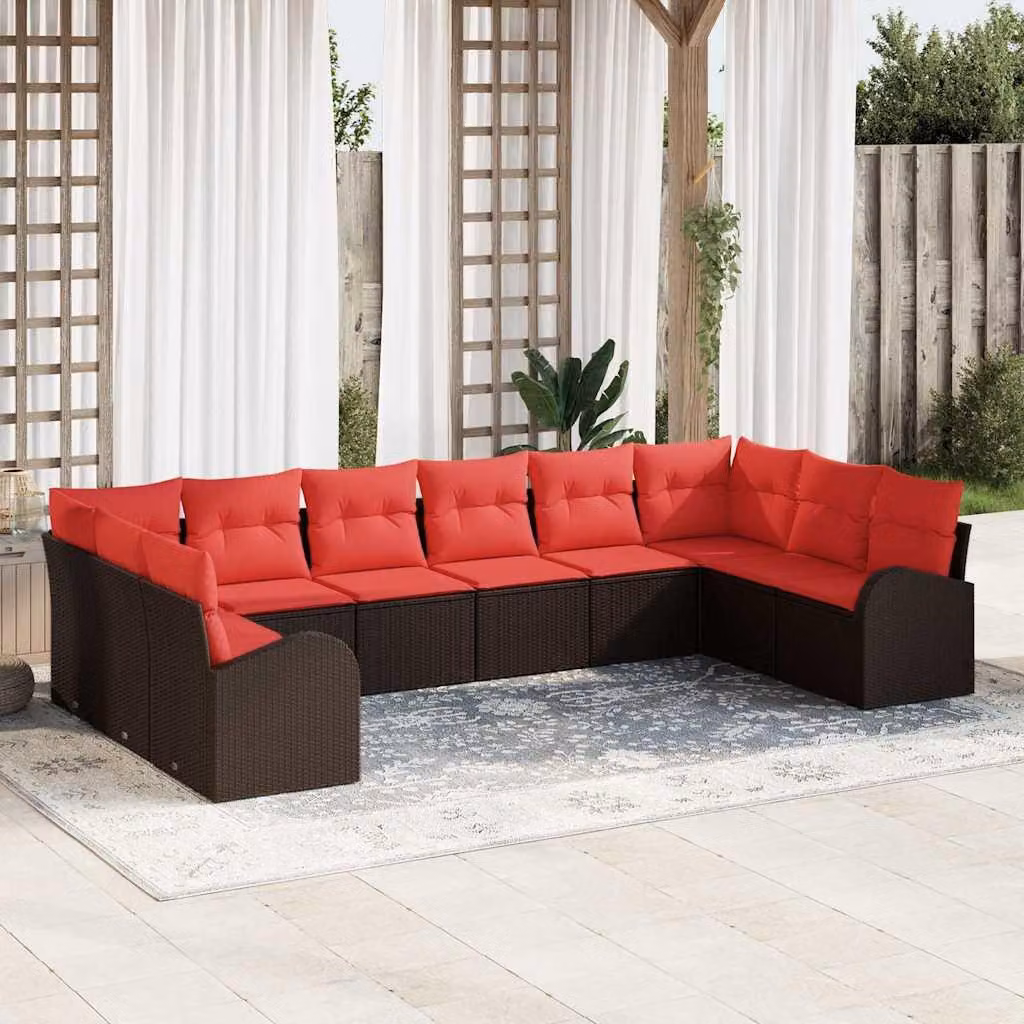 Maison Exclusive - Set di divani da giardino, 10 pezzi, color marrone e rosso, in rattan sintetico