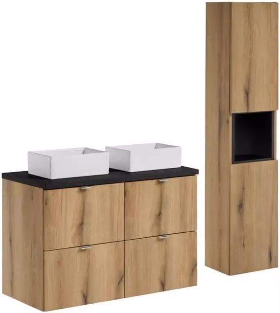 Set VANO quercia e nero 130cm : mobile sotto lavabo con cassetti + piano per lavabo + lavabi da appoggio rettangolari + colonna