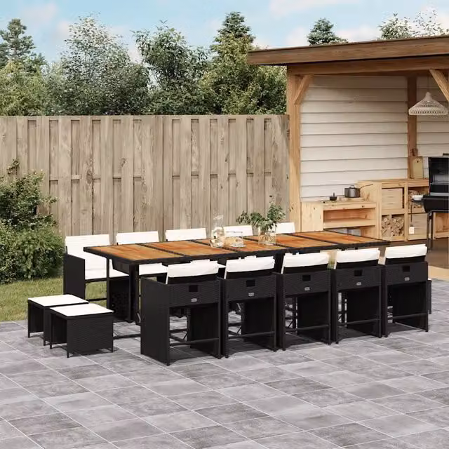 Set da pranzo da giardino vidaXL in polyrattan nero con cuscini e tavolo in legno di acacia, 15 pezzi – 1