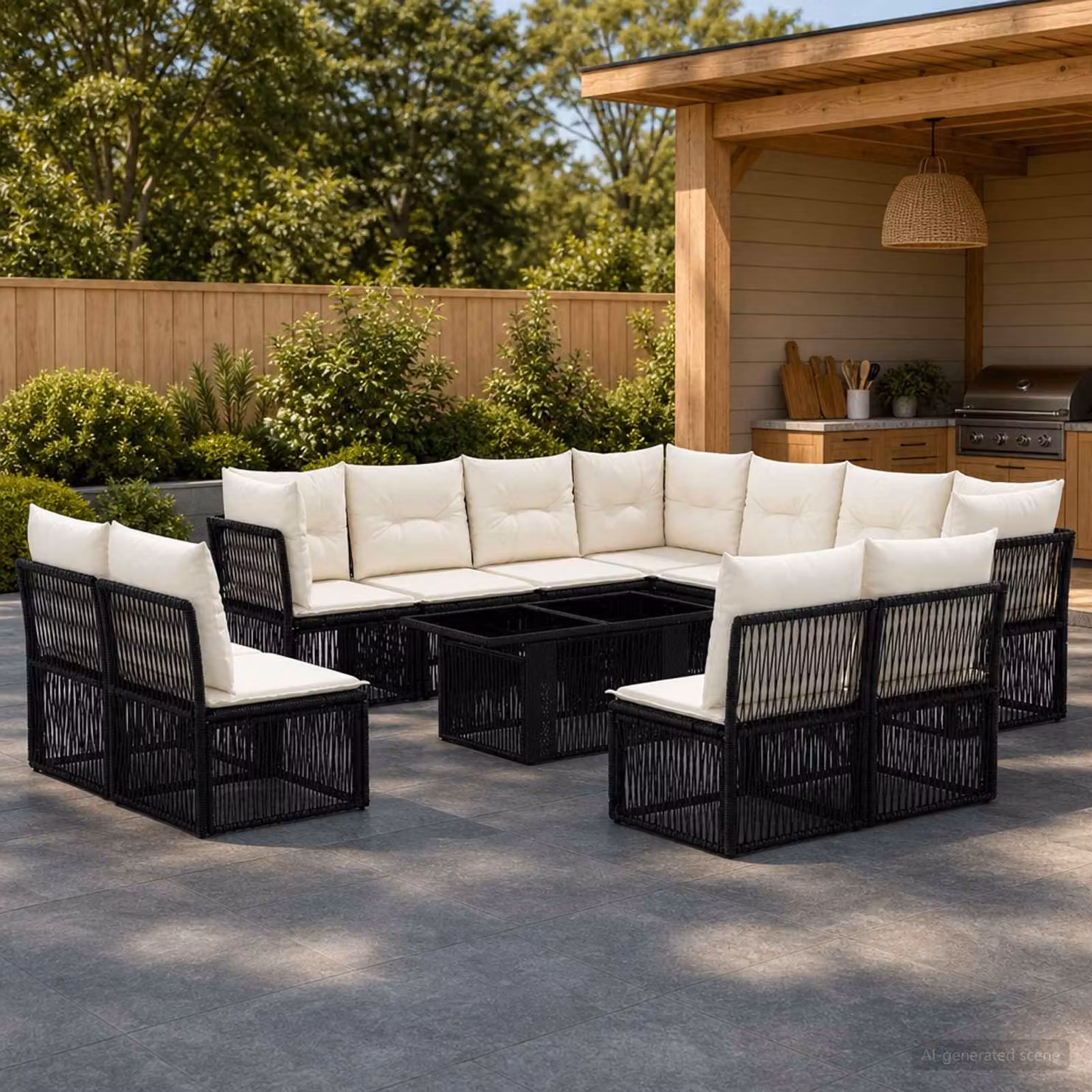 Set Divano da Giardino vidaXL 12 Pezzi in Polyrattan Nero con Cuscini e Tavolino