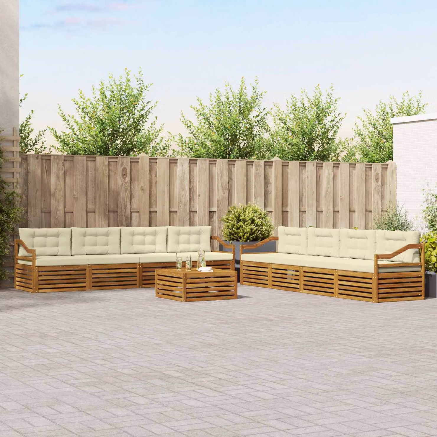 Set di divani da esterno vidaXL 9 pezzi in legno di acacia con tavolino e cuscini, colore beige e marrone