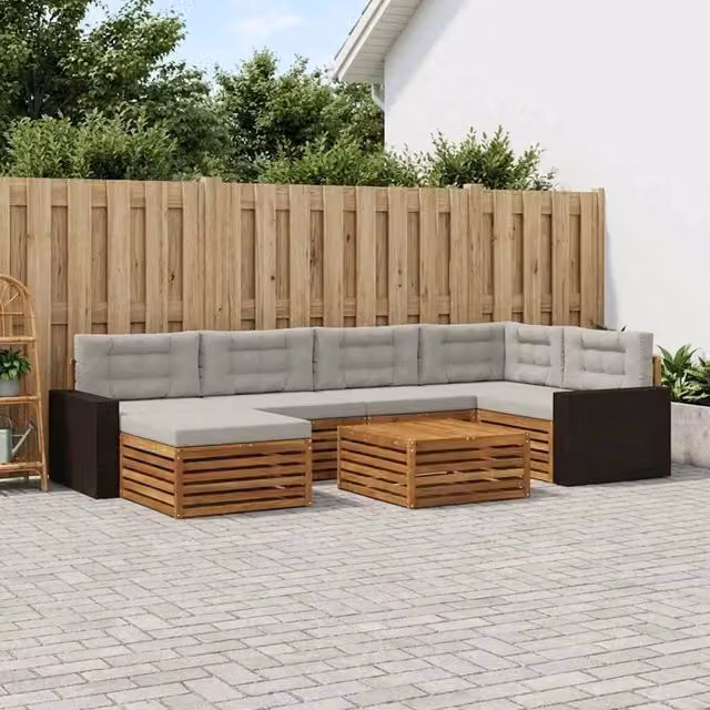 Set di divani da esterno moderno vidaXL in legno di acacia, 7 pezzi, Naturale e Grigio
