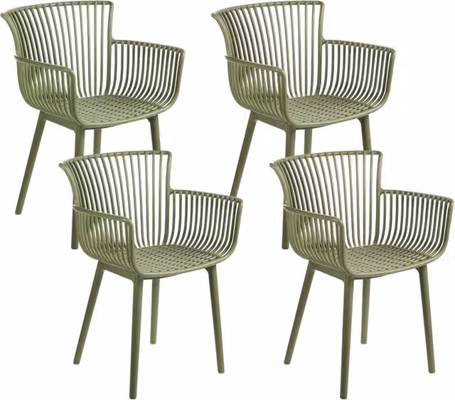 Set di 4 sedie da pranzo in plastica verde per interni ed esterni da giardino con braccioli in stile minimalista