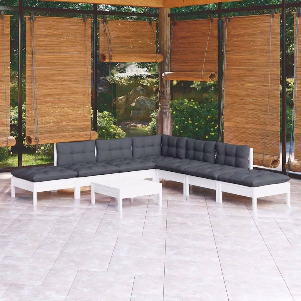 Set Divani da Giardino vidaXL 8 pz a Forma a L con Cuscini Bianchi in Legno di Pino Trattato