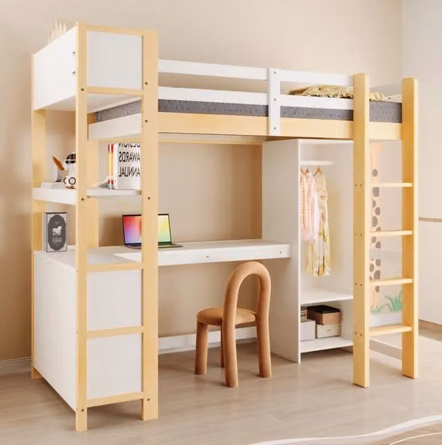Letto a soppalco ULEVR 90x200 cm con scrivania, armadio e ripiani aperti, legno di pino naturale