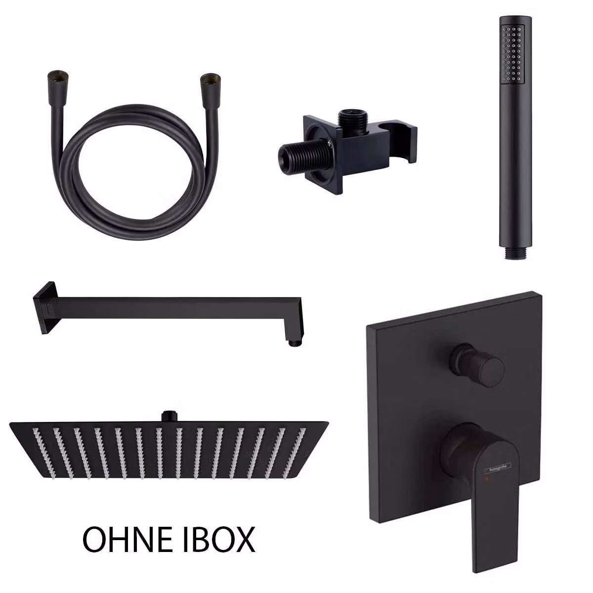 Set doccia Belvit da incasso nero con soffione a pioggia 30x30 cm, doccetta, raccordo a muro e miscelatore vasca hansgrohe – Sistema completo per un bagno moderno