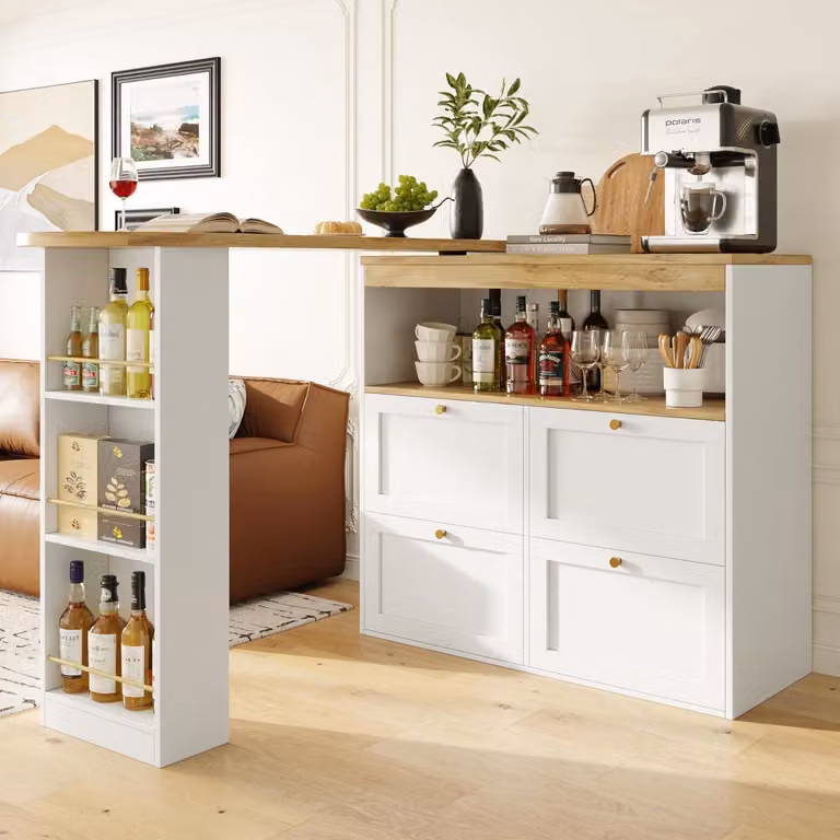 Tavolo pieghevole da pranzo con spazio contenitivo, tavolo da cucina allungabile, con cassetto, ripiani, salvaspazio, multifunzionale, bianco e legno, 138x104 cm