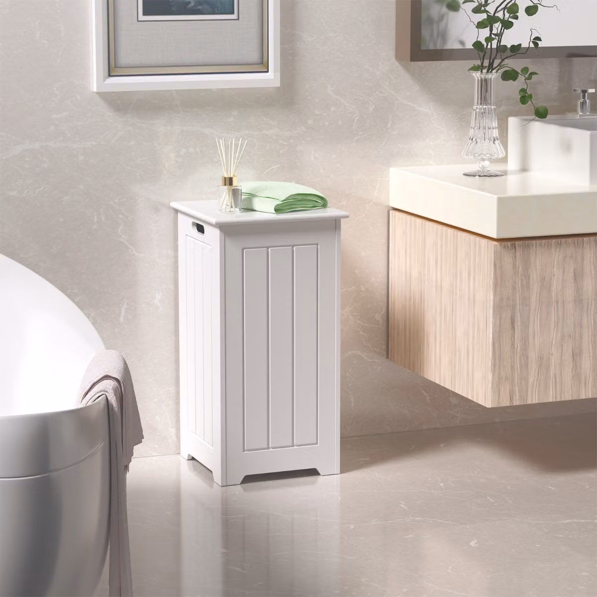 Cesto della biancheria Costway da 34 L con coperchio in metallo e armadietto per bagno, Bianco