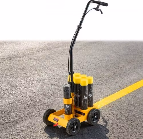 VEVOR Macchina per la Segnaletica Orizzontale con Capacità di 6 Contenitori, Colore Giallo, 4 Ruote, Larghezza Linea Regolabile da 50 a 100 mm, Veloce e Precisa, con Ugello Adattatore, per Parcheggi