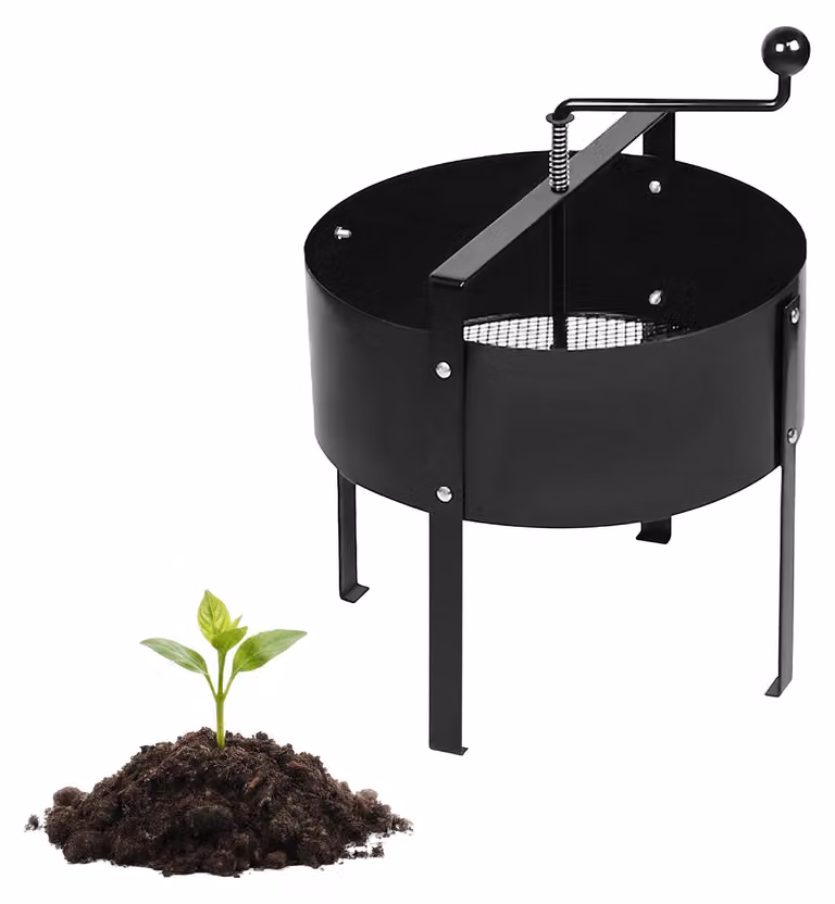 Setaccio da giardino Relaxdays, manovella, Ø 40 cm, terra, sassi, sabbia, acciaio, da appoggio, setaccio per compost a maglia fine, nero