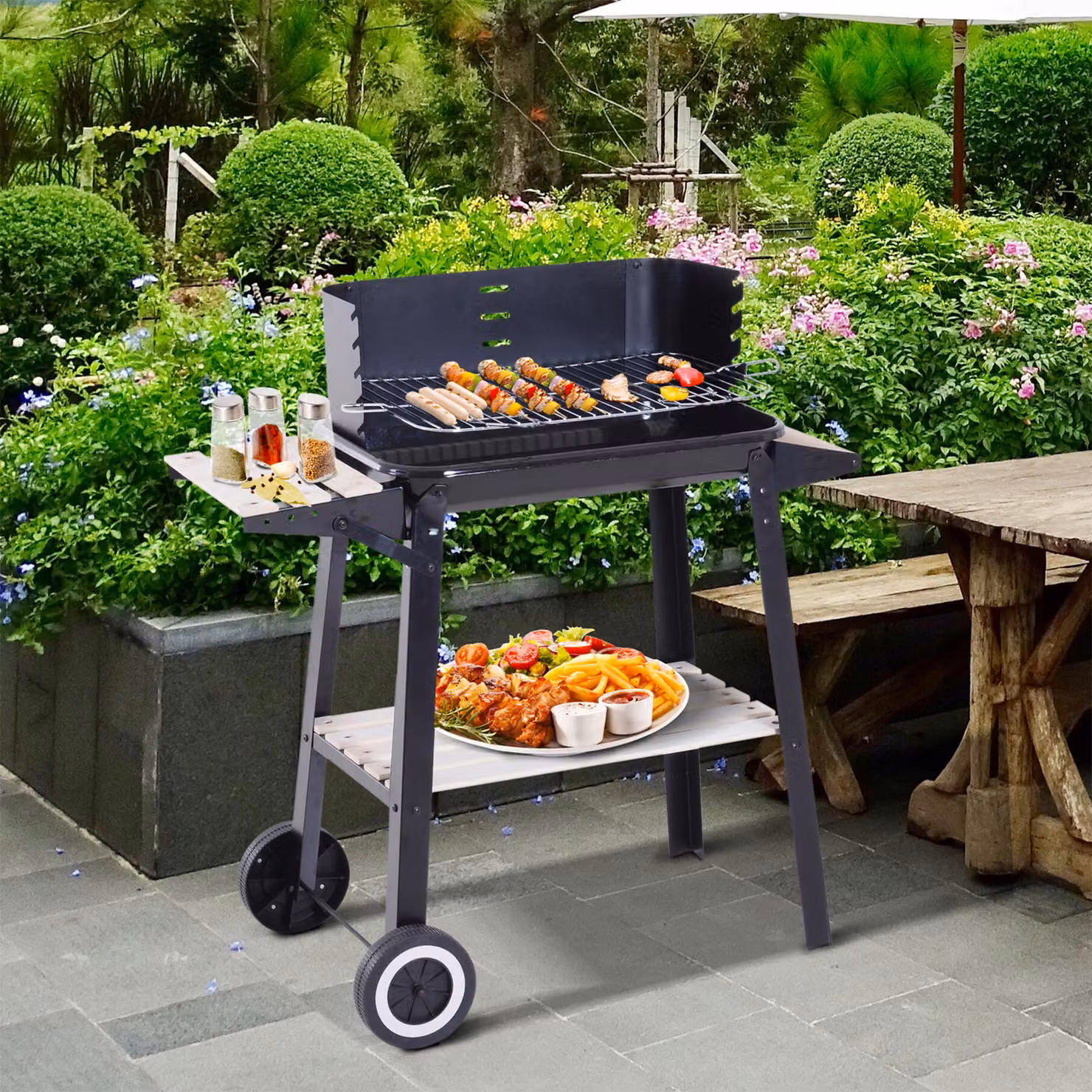 Barbecue a carbone Outsunny con carrello in ferro e legno, nero, H 87 x L 83 x P 45 cm – 2