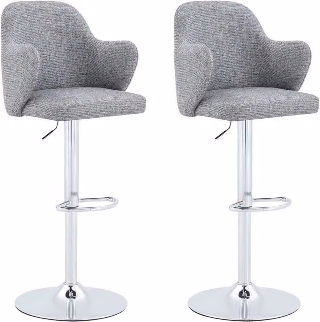 Set di 2 sgabelli da bar imbottiti, regolabili in altezza e girevoli a 360°, con braccioli, tessuto grigio chiaro e base in acciaio cromato