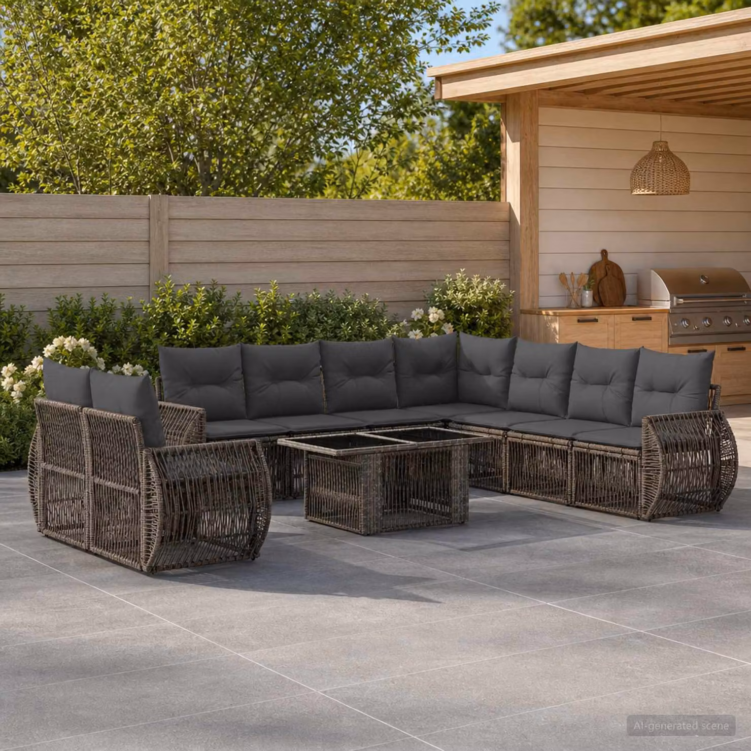 Set Divano da Giardino vidaXL 10 Pezzi a Forma di L in Polyrattan Grigio e Antracite con Cuscini e Tavolino da Caffè