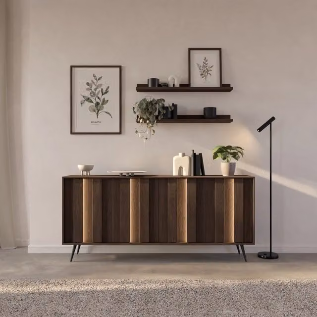 Madia Haga DMORA Credenza Moderna con 4 Ripiani e Illuminazione Integrata, Marrone Noce, L: 183 cm, P: 40 cm, H: 83 cm