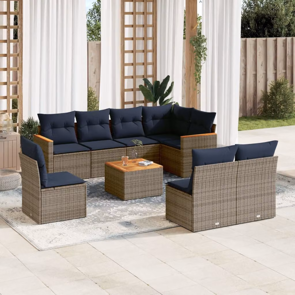 Set di divani da giardino vidaXL in rattan con cuscini e tavolino da esterno, composizione a U con struttura in metallo e legno di acacia, grigio e blu