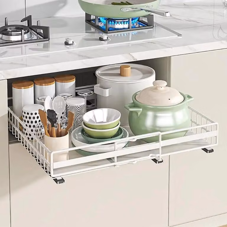 Organizzatore espandibile per la cucina - Ripiano regolabile per armadi - Cesto metallico estraibile - Adatto per armadi da cucina e da guardaroba - Montaggio senza foratura - Bianco