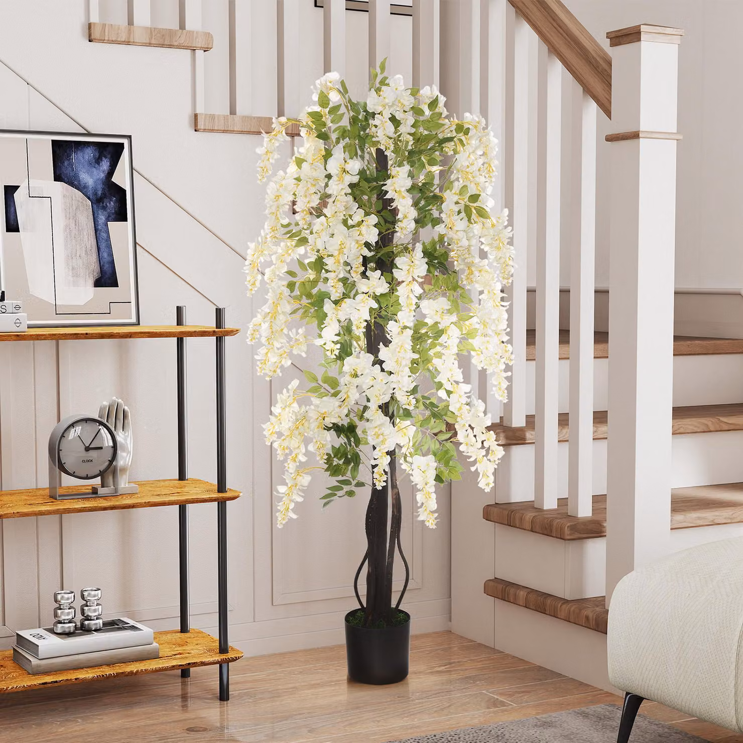 Pianta Artificiale Glicine Bianco e Verde con Vaso Aosom, Diametro: 24 cm, Altezza: 165 cm – 2
