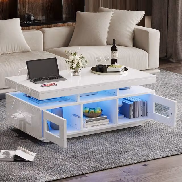 Tavolino da caffè Minimal con LED e cassetto, bianco lucido, L: 100 cm, P: 50 cm, H: 43 cm – 1