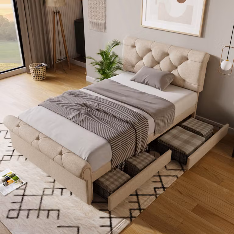 Letto imbottito MODFU 90×200 con testiera regolabile in altezza, letto contenitore con 2 cassetti, struttura letto per bambini con rete, senza materasso, colore naturale