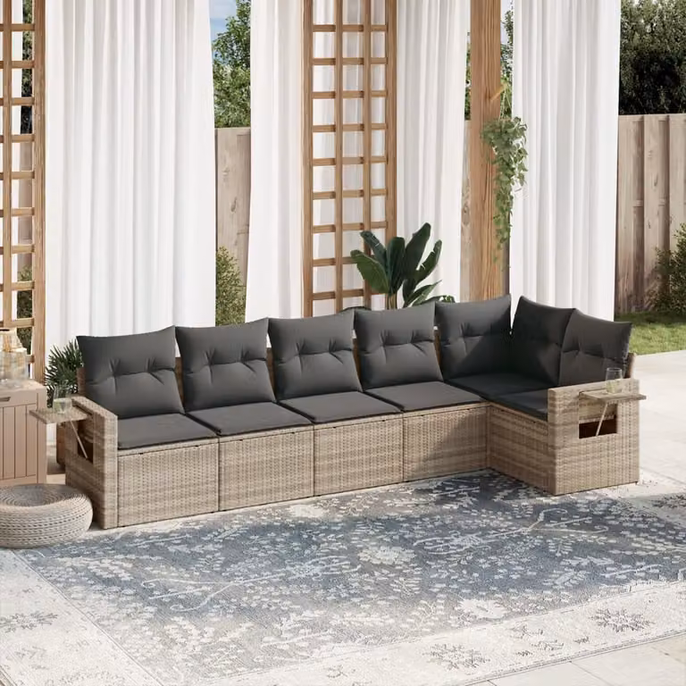 vidaXL Set Divano da Giardino a L in Polyrattan Grigio con Cuscini e Tavolino da Esterno 6pz